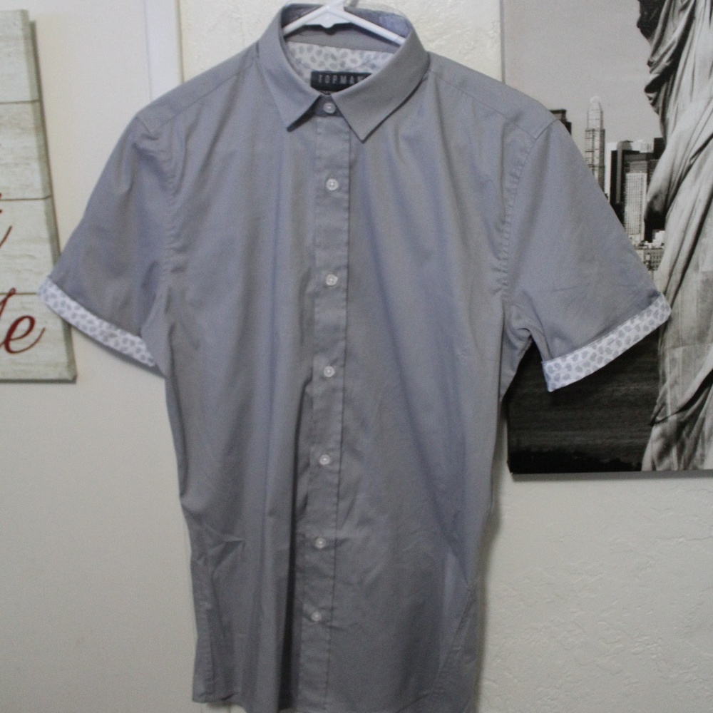 TOPMAN GREY TURN UP GEOMETRIC STRETCH SKINNY SHIRT